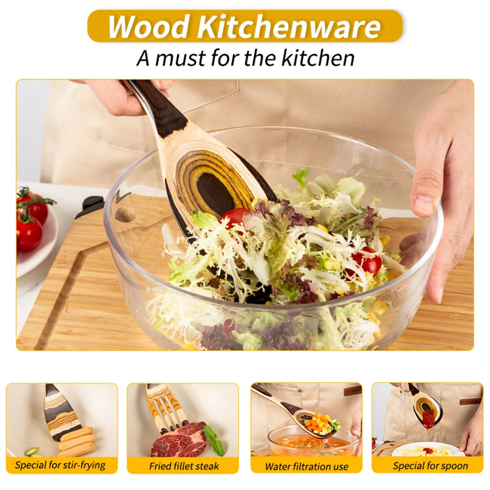 7-Piece Brown Pakkawood Utensils Set – Sturdy Eco-Friendly Wooden Spoons & Cooking Tools