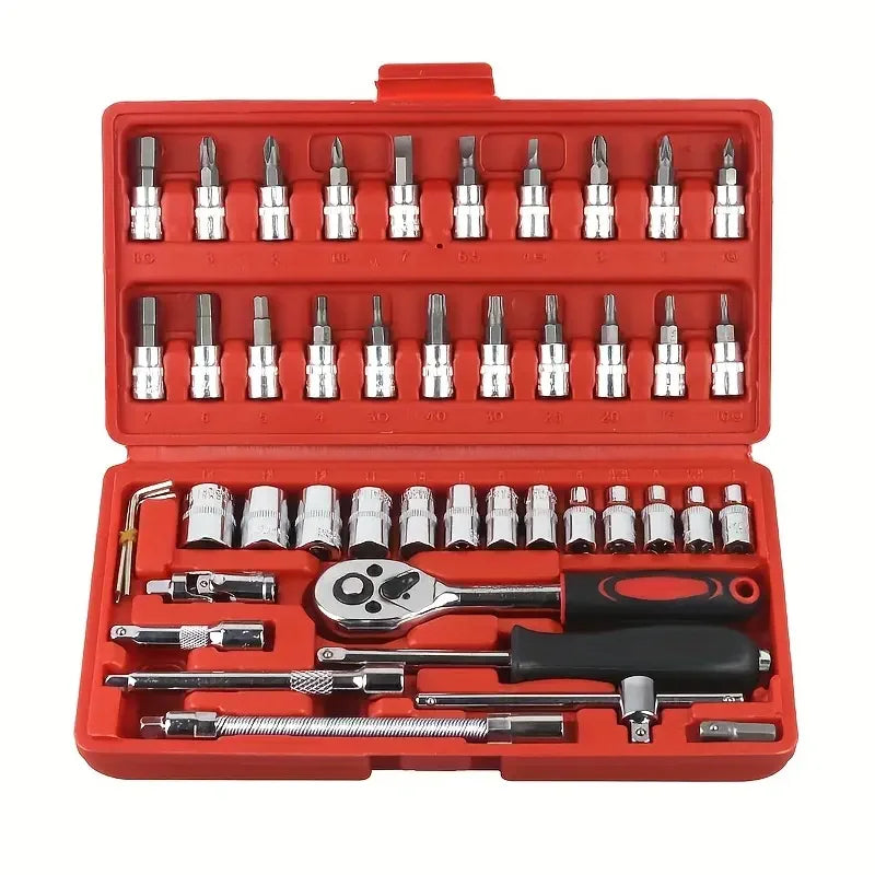 46-Piece Car Repair Tool Kit – Ratchet, Torque Wrench & Socket Set for Auto & Bike Maintenance 🔧