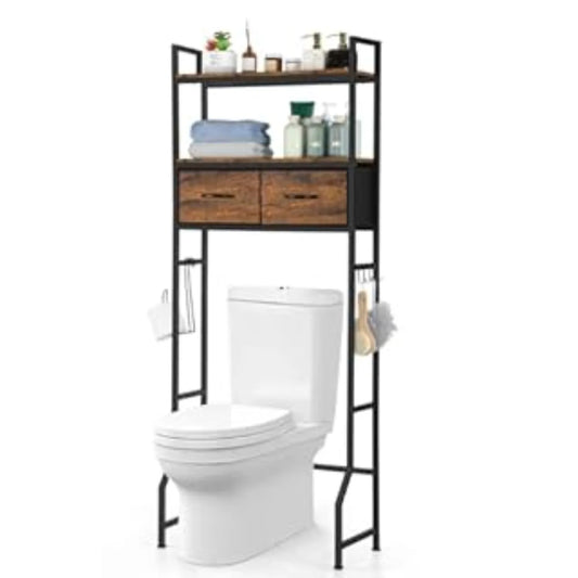 Over-Toilet Storage Cabinet with Fabric Drawers – Space-Saving Freestanding Organizer, Rustic Brown