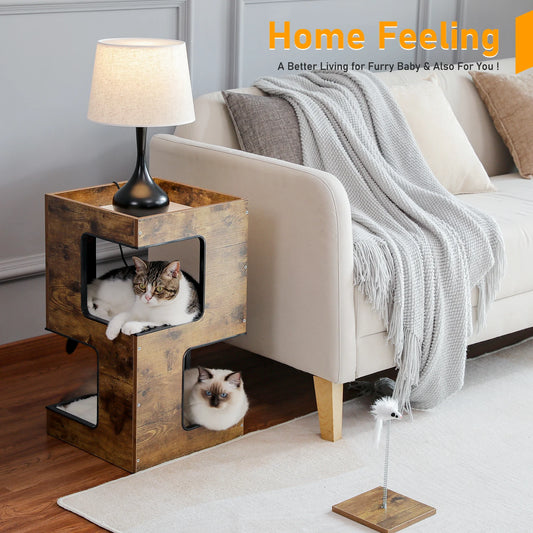 Cat Bed with Two Large Condos – Wooden Cat Condo House with Scratching Pad, Detachable Scratcher & Plush Mats, Cat Furniture