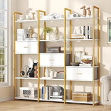 5-Tier L-Shaped Corner Bookcase – White & Gold Modern Display Shelf with Adjustable Feet & Anti-Tip Design