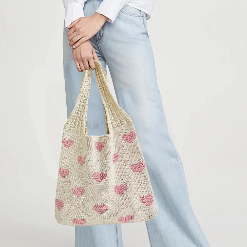 Heart-Pattern Large Capacity Tote Bag – Solid-Colour Shoulder Bag for Women