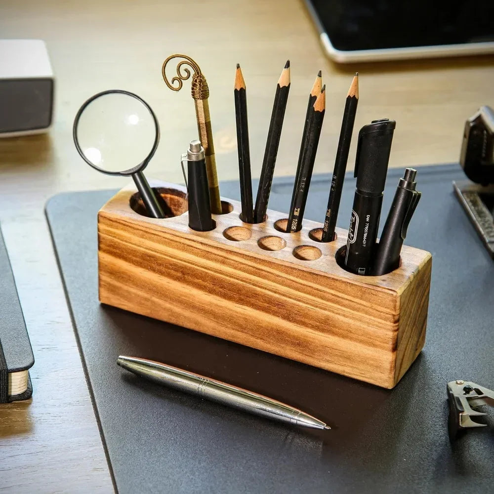 Rustic Solid Wood Desk Pen Holder – Stylish Retro Wooden Organizer for Pens & Accessories