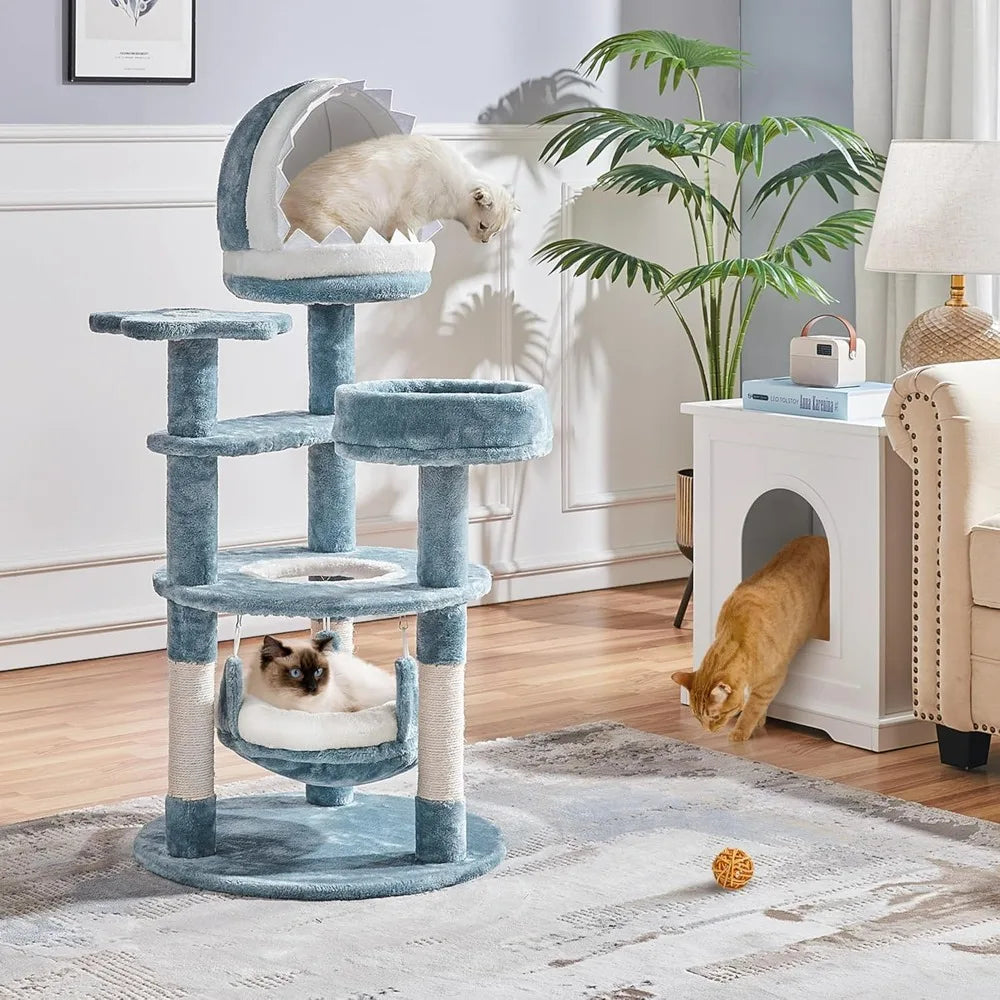 Cat Tree Multi-Level Tower – Plush Furniture with Shark’s Mouth Nest, Sea Star Perch & Jellyfish Hammock for Cats & Kittens