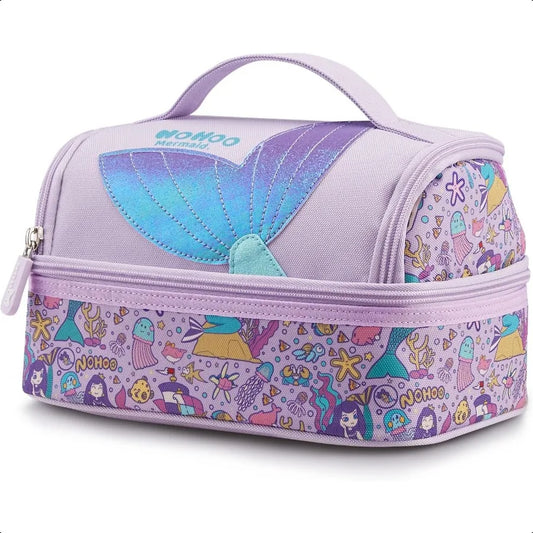NOHOO Kids Insulated Lunch Bag – Small Reusable Purple Mermaid Print for Girls Toddlers School & Daycare