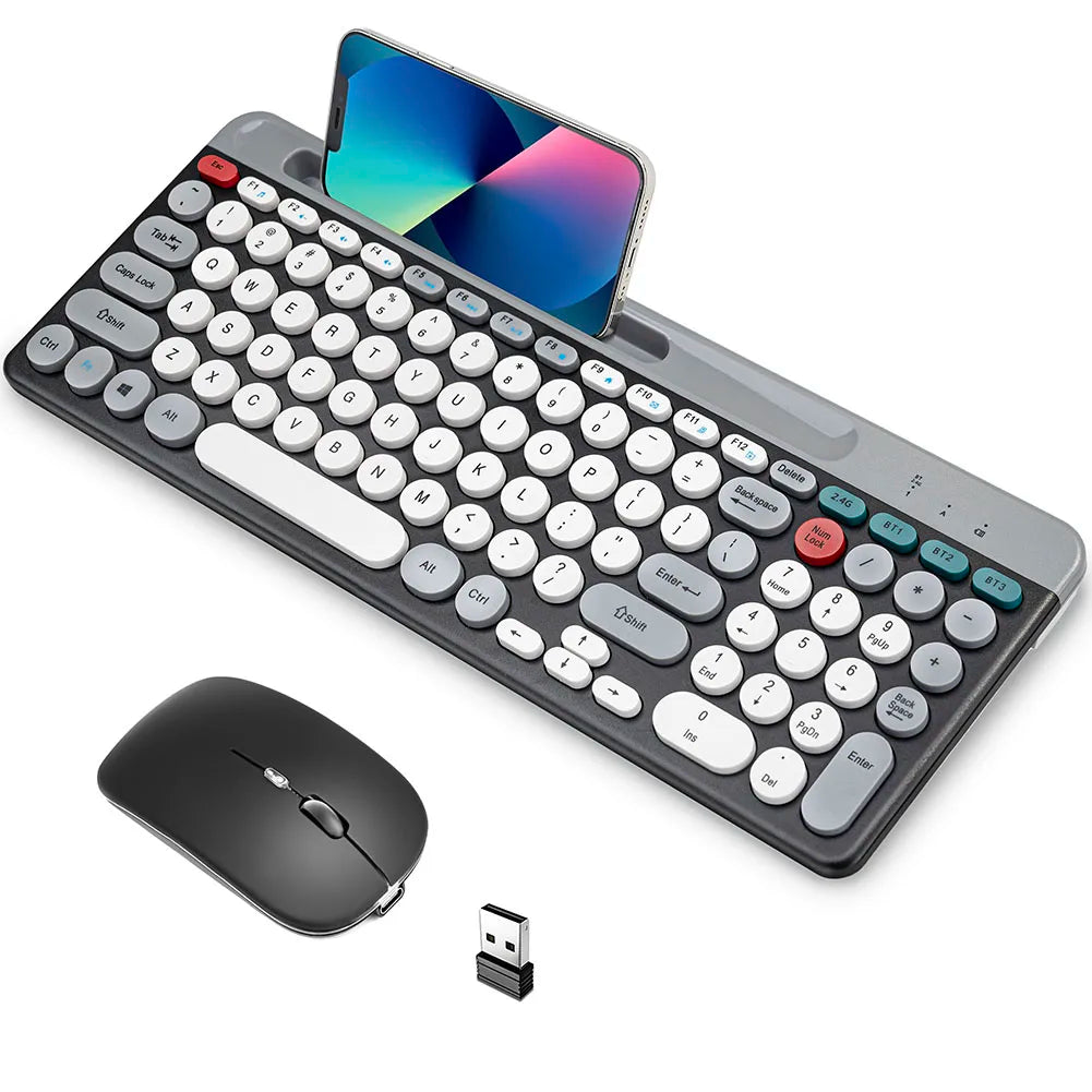 Dual-Mode Wireless Keyboard and Mouse Combo – 2.4GHz + Bluetooth Multi-Device Set with Phone Holder for iOS, Android & Windows