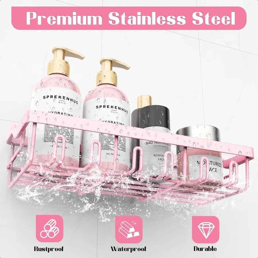 2-Pack Adhesive Stainless-Steel Shower Caddy – Rustproof Wall-Mounted Racks for Bathroom Storage (Pink Accent)