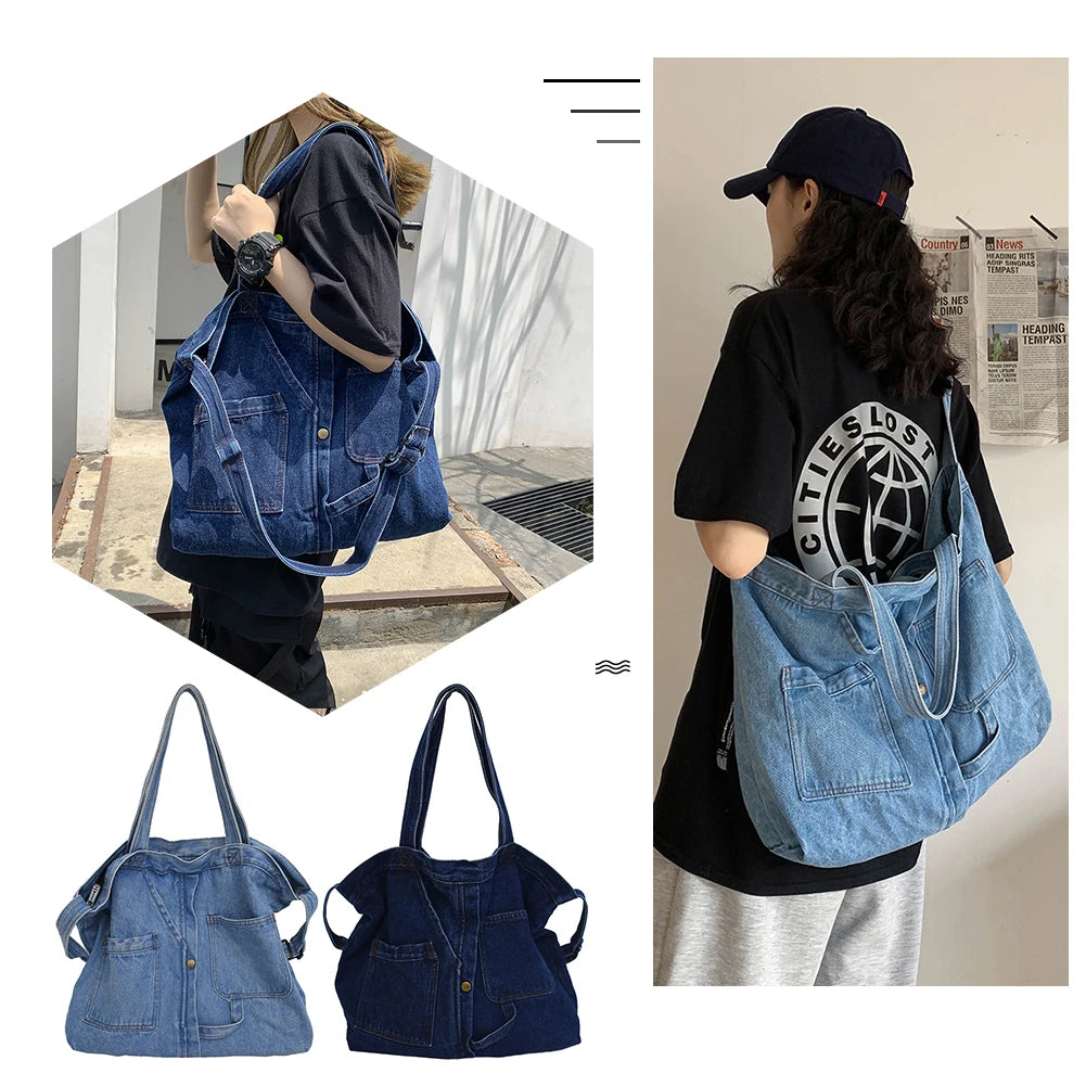Retro Denim Large Capacity Crossbody & Shoulder Messenger Bag for Women – Vintage Pocket Tote Satchel