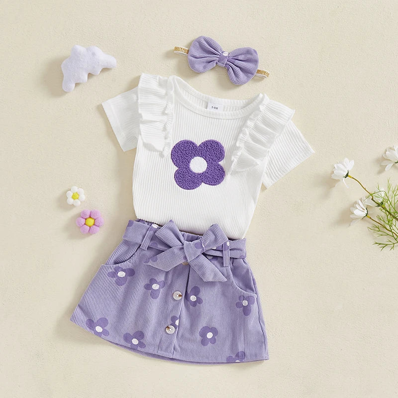 Baby Girl 3-Piece Summer Outfit – Floral Print Romper, Matching Skirt & Headband Set for Outings & Photoshoots