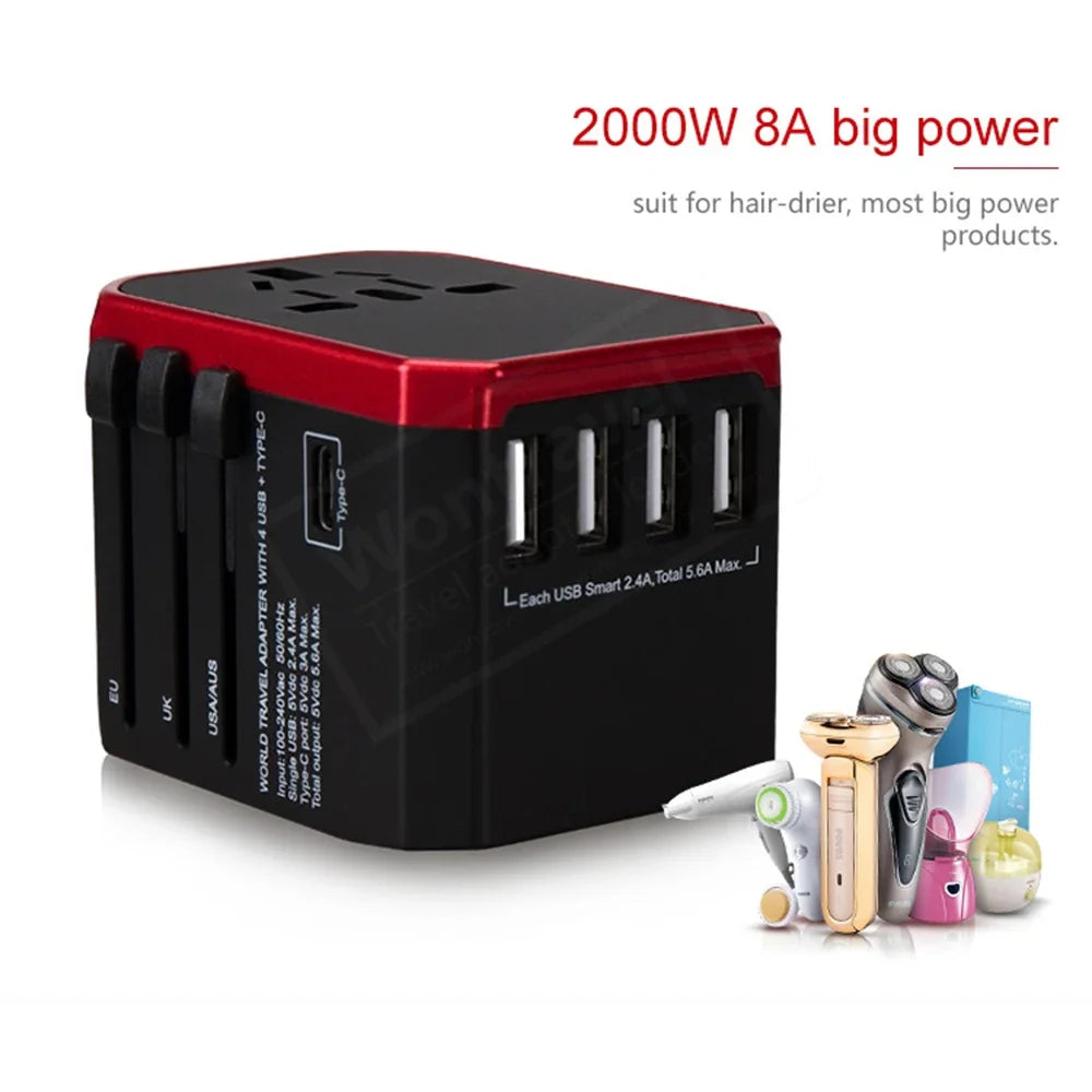 Melery International Travel Smart Adapter – Universal Plug with USB & Type-C Charger for US/EU/UK/AU