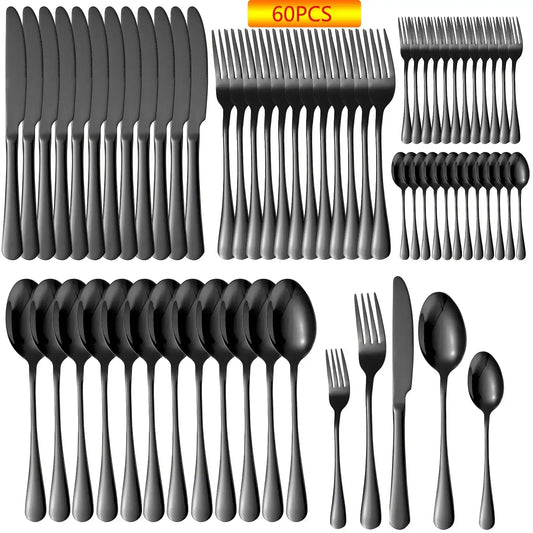 60-Piece Stainless Steel Flatware Set for 12 – Mirror-Polished Cutlery Service Includes Knives, Forks & Spoons (Black Handle Accent)