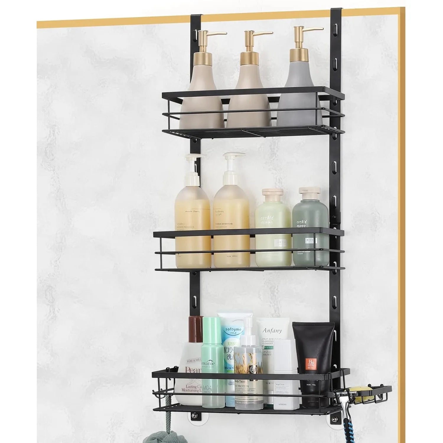 Over-Door Adjustable Rustproof Shower Caddy – Black Wall/door Mounted Organizer with Shelves & Hooks