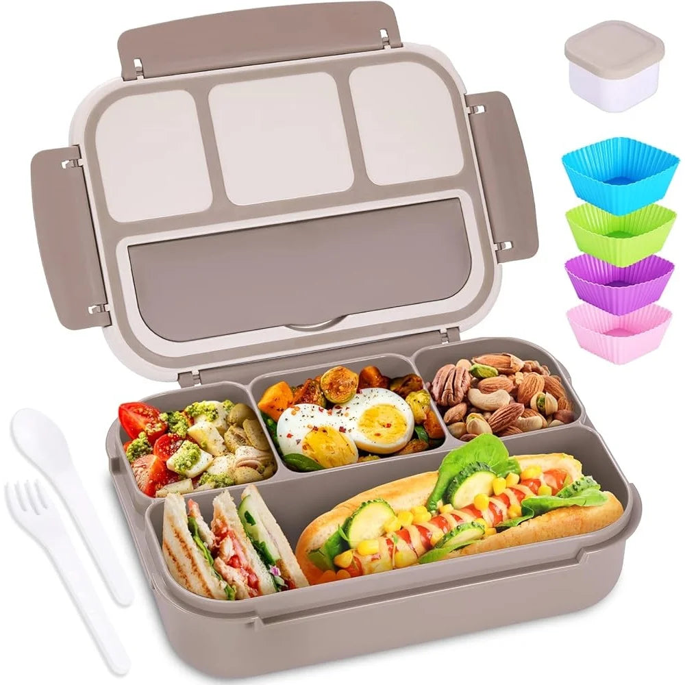 4-Compartment Adult Bento Lunch Box – Silicone & Leak-Proof with Utensils & Mug Cups, Microwave-Safe Lunch Container