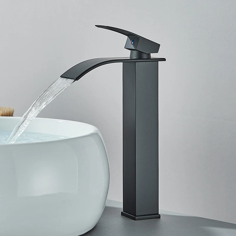 Matte Black Waterfall Basin Faucet – Deck‐Mounted Single Lever Brass Mixer Tap