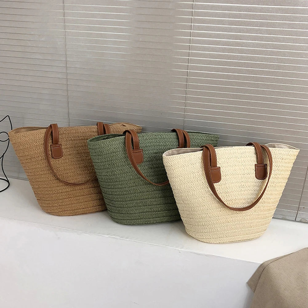 Large Capacity Woven Summer Tote Bag for Women – Casual Solid Color Shoulder/Hand Bag for Weekend Travel
