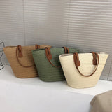 Large Capacity Woven Summer Tote Bag for Women – Casual Solid Color Shoulder/Hand Bag for Weekend Travel
