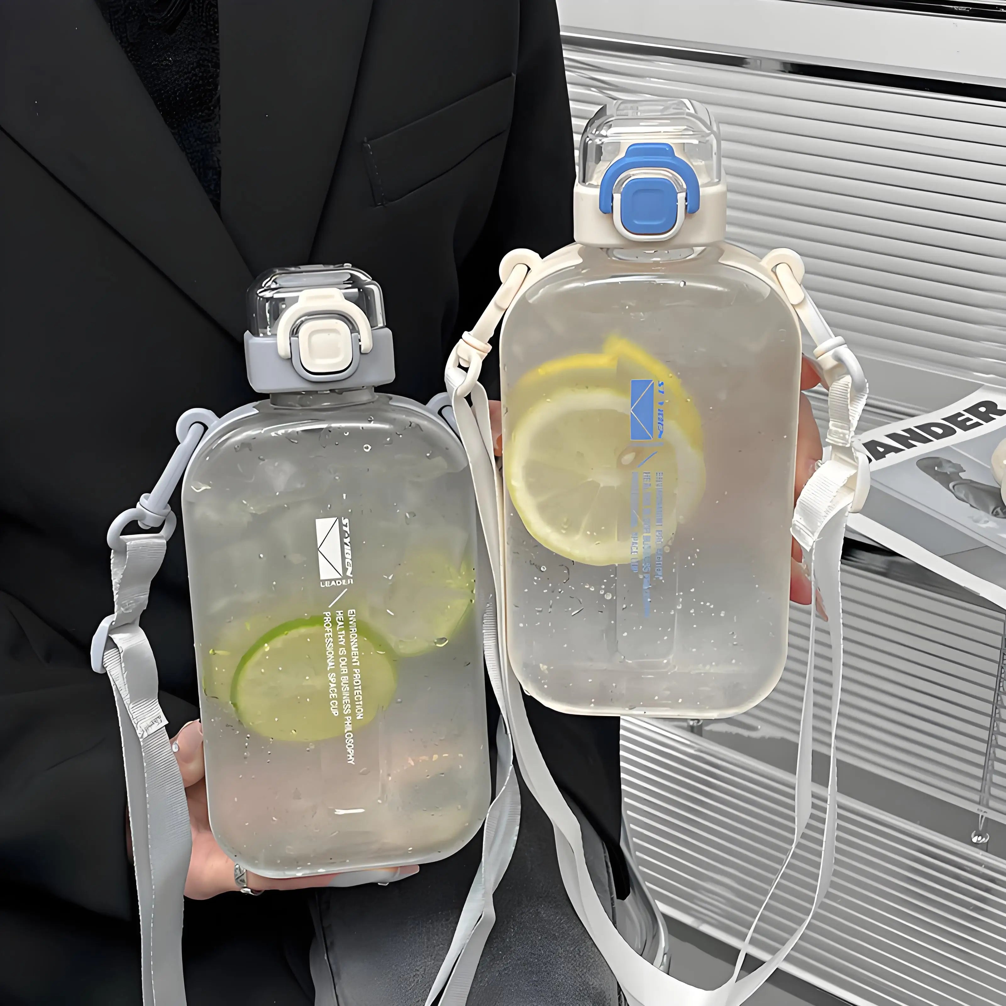 Flat Square Transparent Water Bottle with Adjustable Strap – Slim Travel Canteen for Sport & Camping