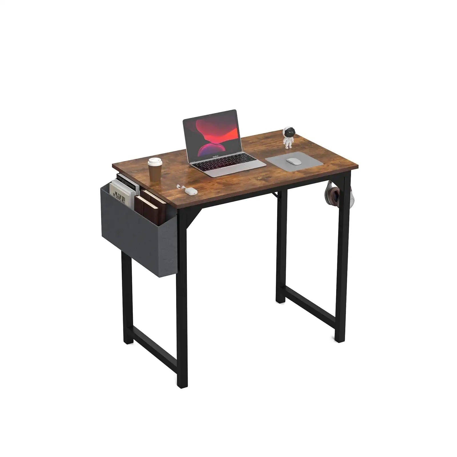 1- Product Title: Sleek Compact Computer Desk with Side Storage Bag & Headphone Hook