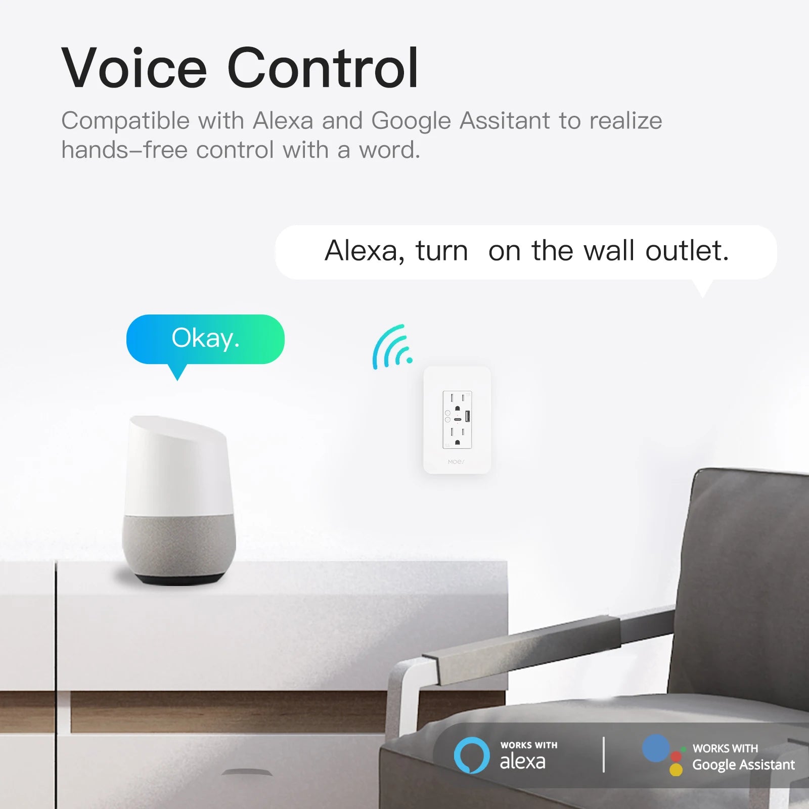 WiFi Smart Power Wall Socket – Dual Outlet Plug with USB & Type-C Ports, Alexa & Google Home Compatible Smart Socket for Home & Office