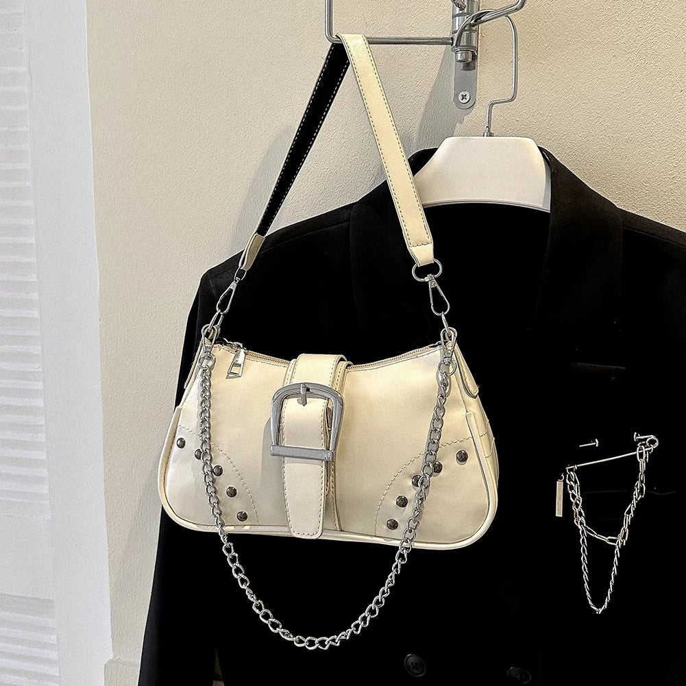 Women’s Crescent Armpit Bag – Solid Color Shoulder Bag with Chain Accent (Chic & Fashion Cool Style)