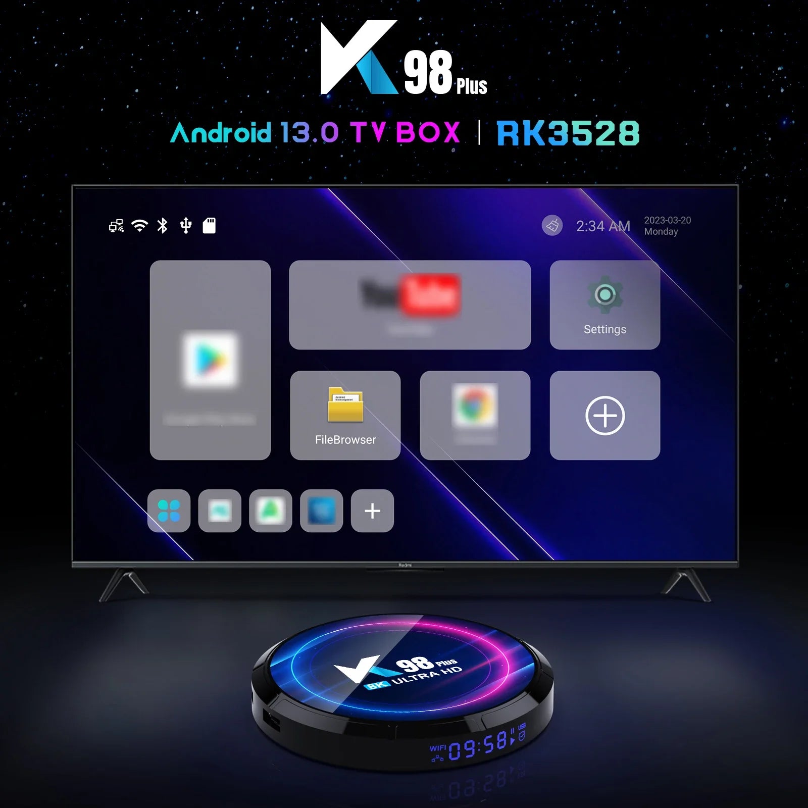 Android 13.0 Smart TV Box K98 Plus – RK3528 Quad-Core Media Player with 8K Decoding, HDR10, WiFi 6 & Multiple Storage Options
