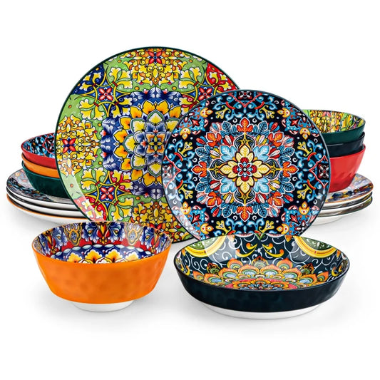 Bohemia Retro Ceramic Dinnerware Set – MALACASA, Vibrant Design (12 / 16 / 24-Piece)