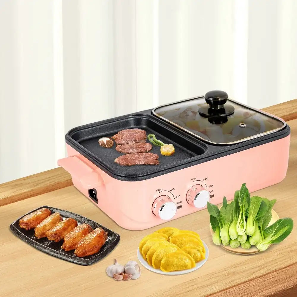 2‑in‑1 Electric Hot Pot & Grill Multifunction Nonstick: Pink Indoor Hot Pot with Grill, Dual Temperature Control