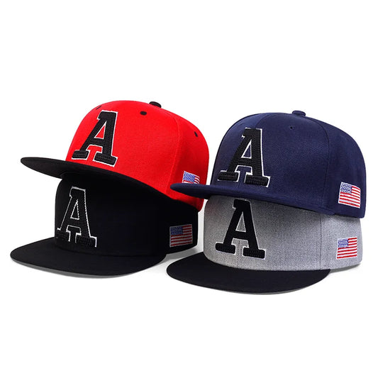 Unisex “A” Embroidered Baseball Cap – USA Flag Patch Hip-Hop Adjustable Hat for Outdoor & Casual Wear