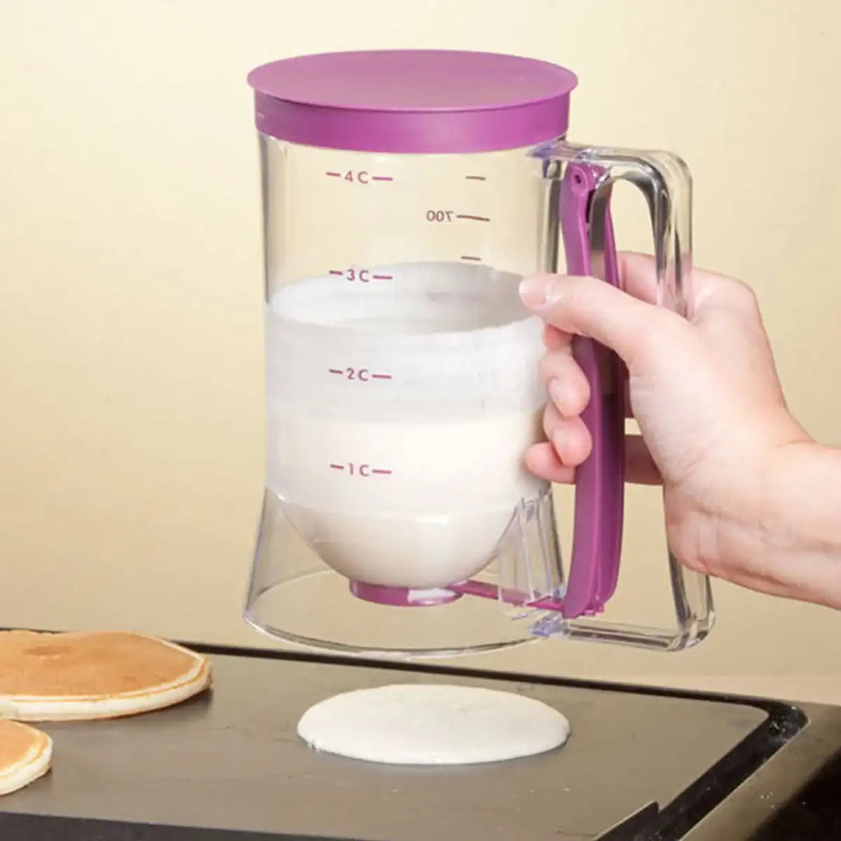 “Batter Dispenser & Separator with Measuring Label – Squeeze Handle for Pancakes, Waffles & Baking”