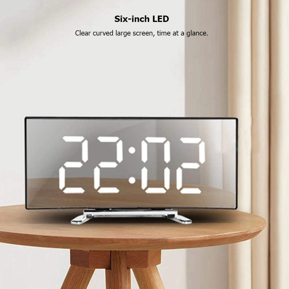 Creative LED Curved Mirror Alarm Clock – Large Display Digital Desk & Bedside Clock for Home, Office & Dormitory