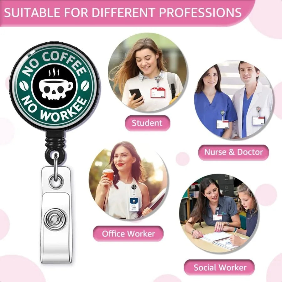 ☕ Funny “No Coffee No Workee” Badge Reel – Retractable Skeleton ID Card Holder with Alligator Clip for Nurses, Doctors & Staff