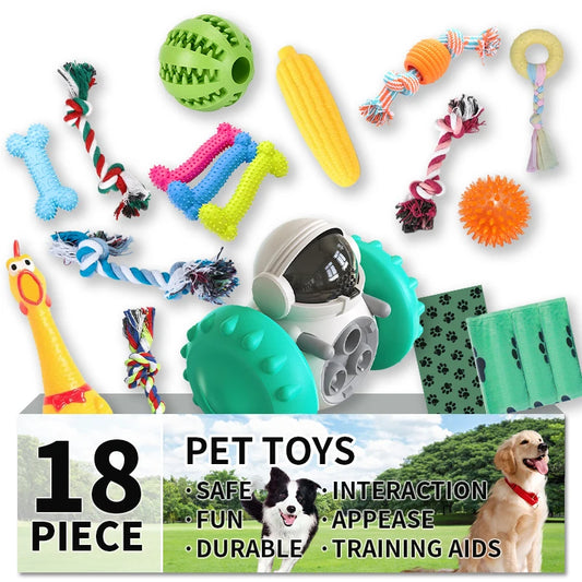 18-Piece Dog Toy Pack – Squeaky, Rope, Interactive & Chew Toys with Food Dispensers