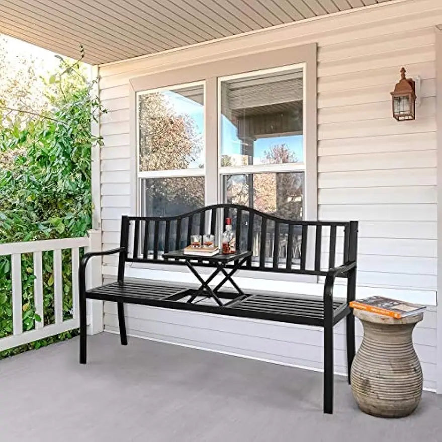 Outdoor Garden Bench with Pull-Out Middle Table – Weather-Resistant Metal Patio Bench for Porch & Backyard