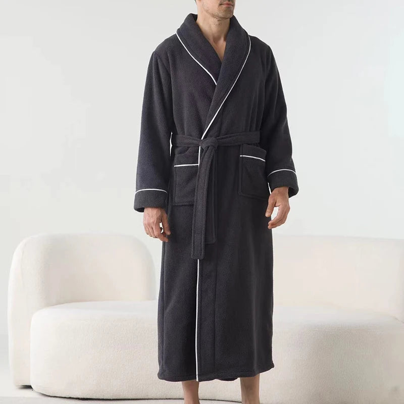 Luxurious Men’s Plush Shawl Collar Bathrobe – Soft Long-Sleeve Belted Spa Robe for Warmth & Style