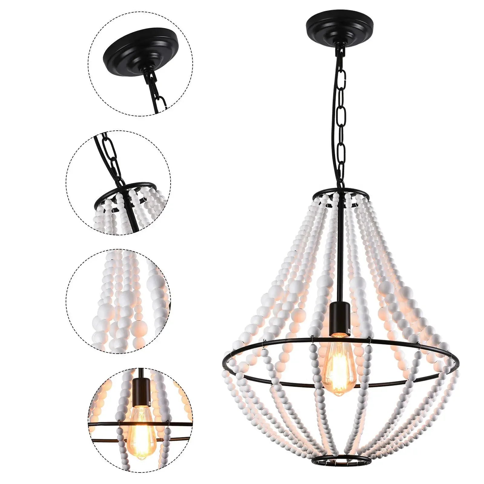 Farmhouse Wood Beaded Chandelier – Modern 1-Light Boho Pendant Light Fixture for Home Décor (E26 Socket)