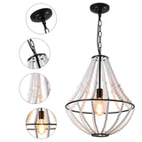 Farmhouse Wood Beaded Chandelier – Modern 1-Light Boho Pendant Light Fixture for Home Décor (E26 Socket)