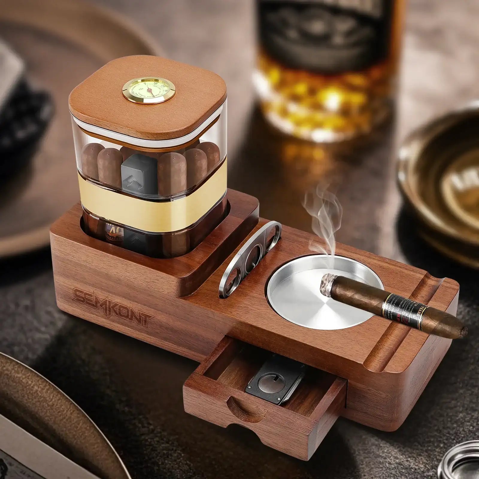 Wooden Cigar Humidor & Ashtray Set with Drawer, Cigar Jar, Cigar Cutter & Slot Organizer