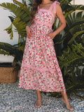 Elegant Floral Maternity Dress – Backless Pregnancy Outfit with Lace Details, Tie Shoulders, Tiered Ruffles & Pockets