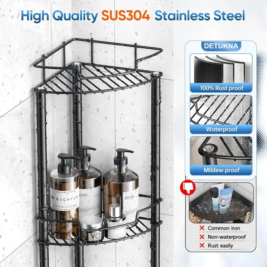4-Tier Stainless Steel Corner Shower Caddy with Shelves – Floor-Standing Bathroom Storage Rack