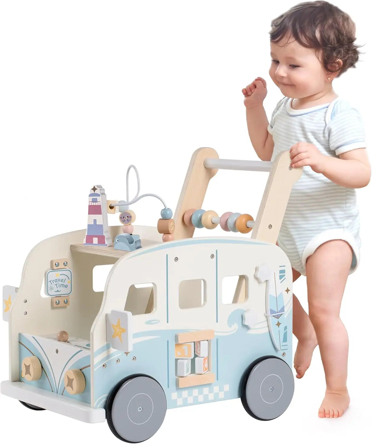 Robotime Robud Wooden Baby Walker – Multifunctional Push-Along Activity Toy with Wheels, Early Learning Gift for Boys & Girls