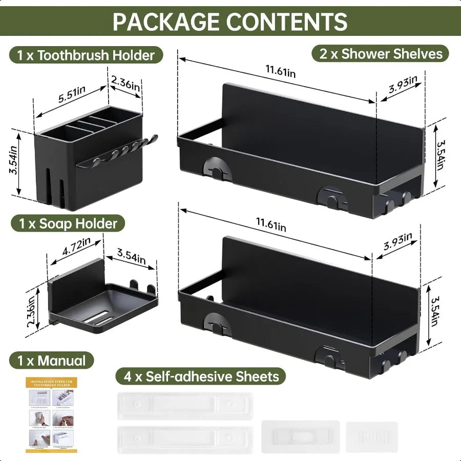 4-Pack No-Drill Plastic Corner Shower Caddy Set – Wall-Mount Organizer with Toothbrush Holder & Soap Dish, Black