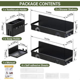 4-Pack No-Drill Plastic Corner Shower Caddy Set – Wall-Mount Organizer with Toothbrush Holder & Soap Dish, Black