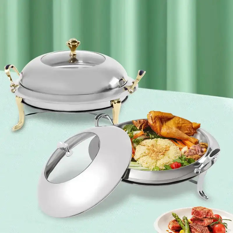 Round Stainless Steel Cooking Buffet Warmer Tray with Lid & Fuel Holder – 6 L / Professional Serving Set