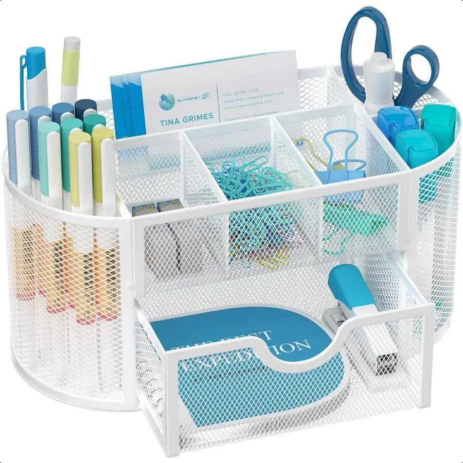 Sleek Mesh Desk Organizer – 9 Compartments Workstation Drawer & Pen-Holder Caddy