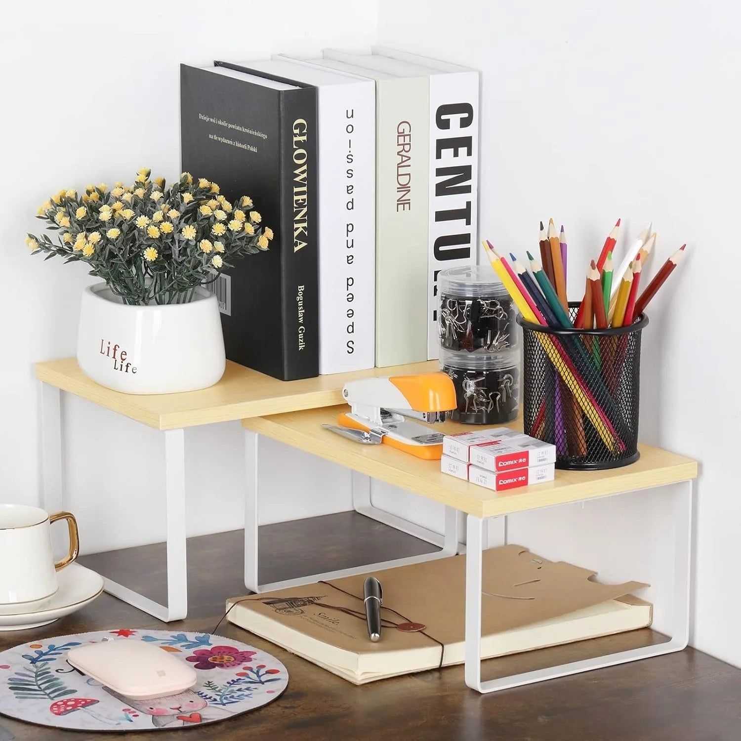 4-Piece Stackable & Expandable Wood Counter Shelves Set – Brown Finish Kitchen & Bathroom Organizer Racks