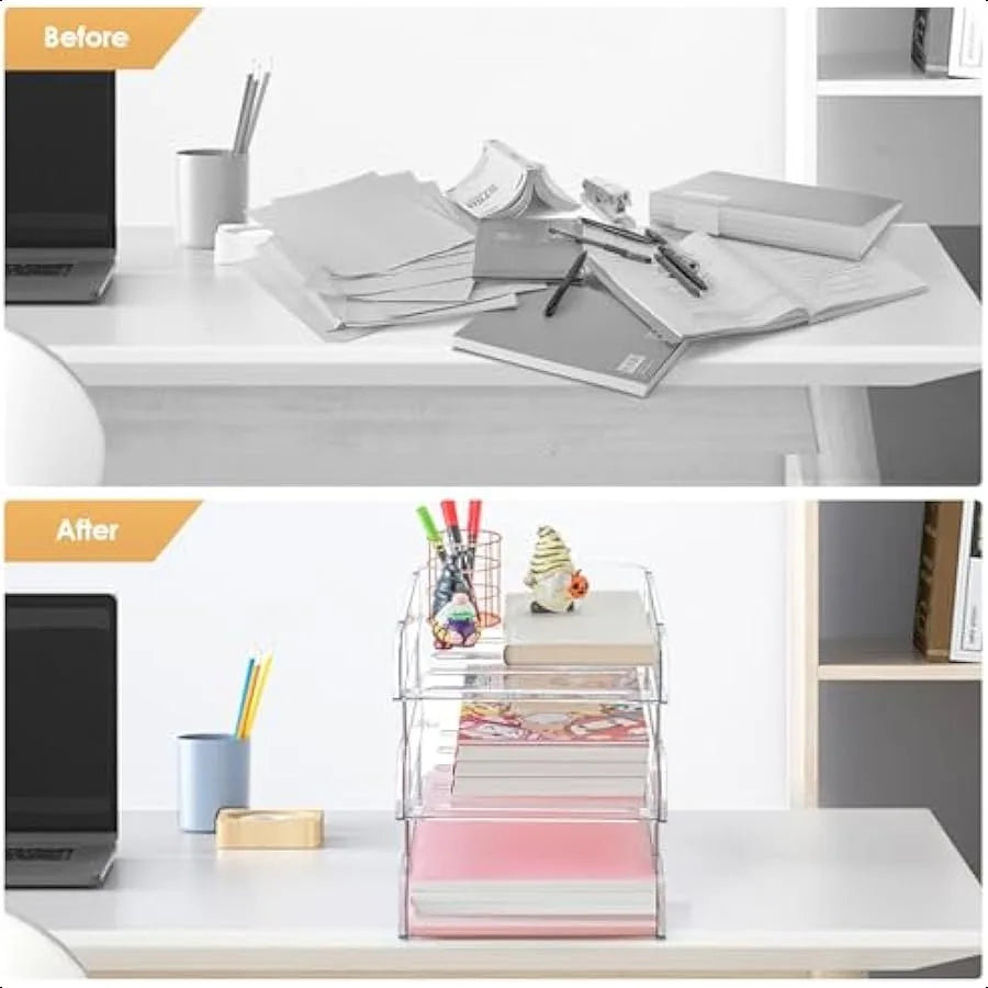 3-Tier Stackable File & Paper Tray Desk Organizer – Clear Desktop Document Sorter