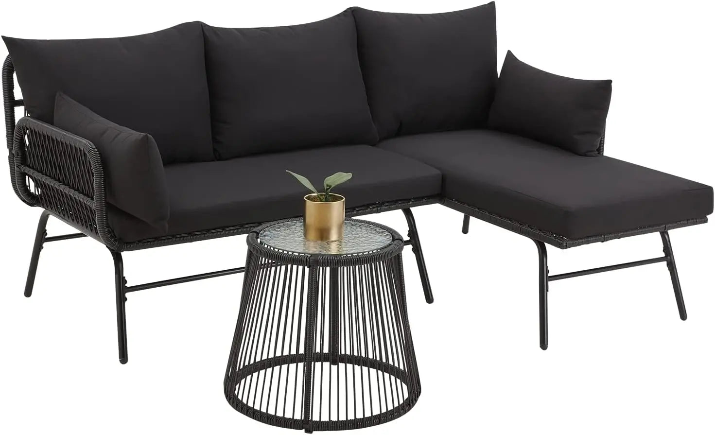 “3-Piece Patio Conversation Set – L-Shaped Sectional Sofa with Thick Cushions & Toughened Glass Coffee Table for Outdoor Living”