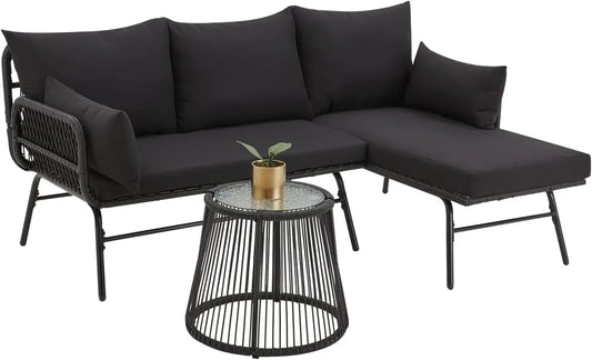“3-Piece Patio Conversation Set – L-Shaped Sectional Sofa with Thick Cushions & Toughened Glass Coffee Table for Outdoor Living”
