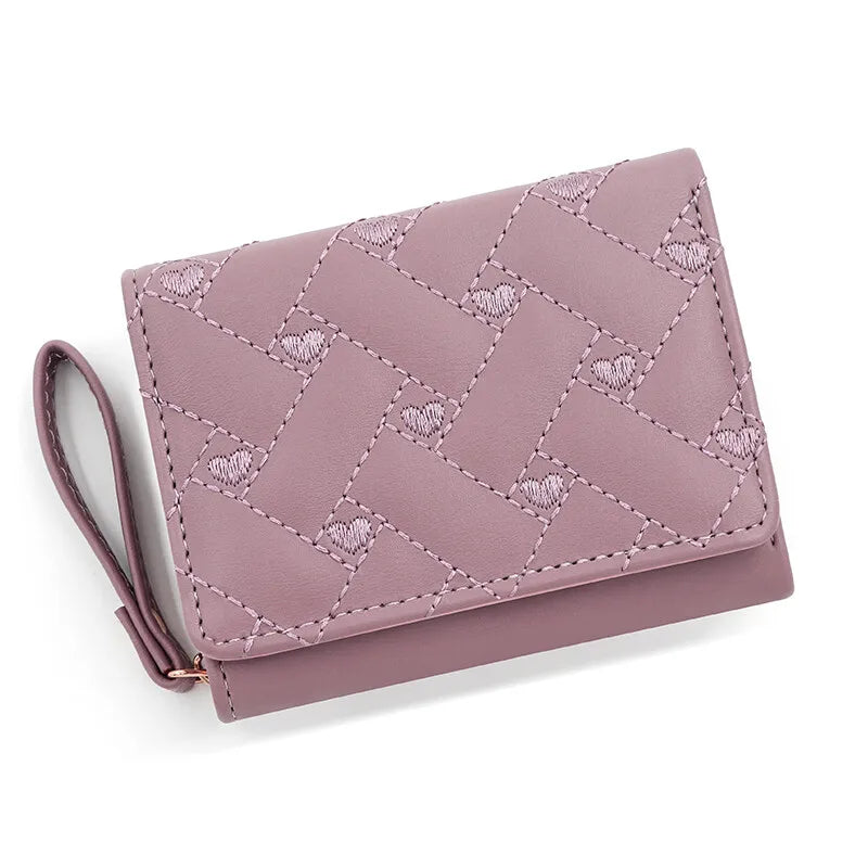 Women’s Heart Embroidered Short Wallet – Triple Fold PU Leather Purse with Multi-Card Slots & Large Capacity