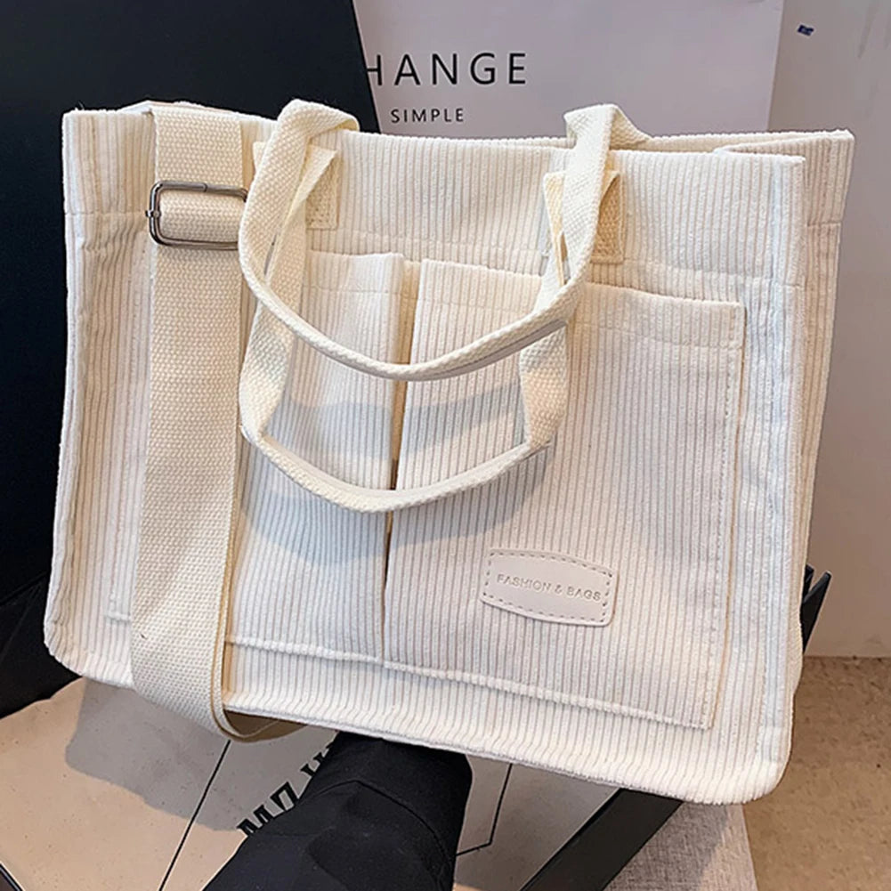 Women’s Multi-Pocket Corduroy Tote Bag – Casual Solid Color Handbag with Top Handle & Adjustable Strap for Work & Daily Use